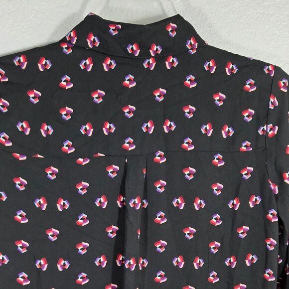 Gianni Bini Black Chiffon Button Down Long Sleeve Tunic Geometric Pattern Blouse - Picture 4 of 11